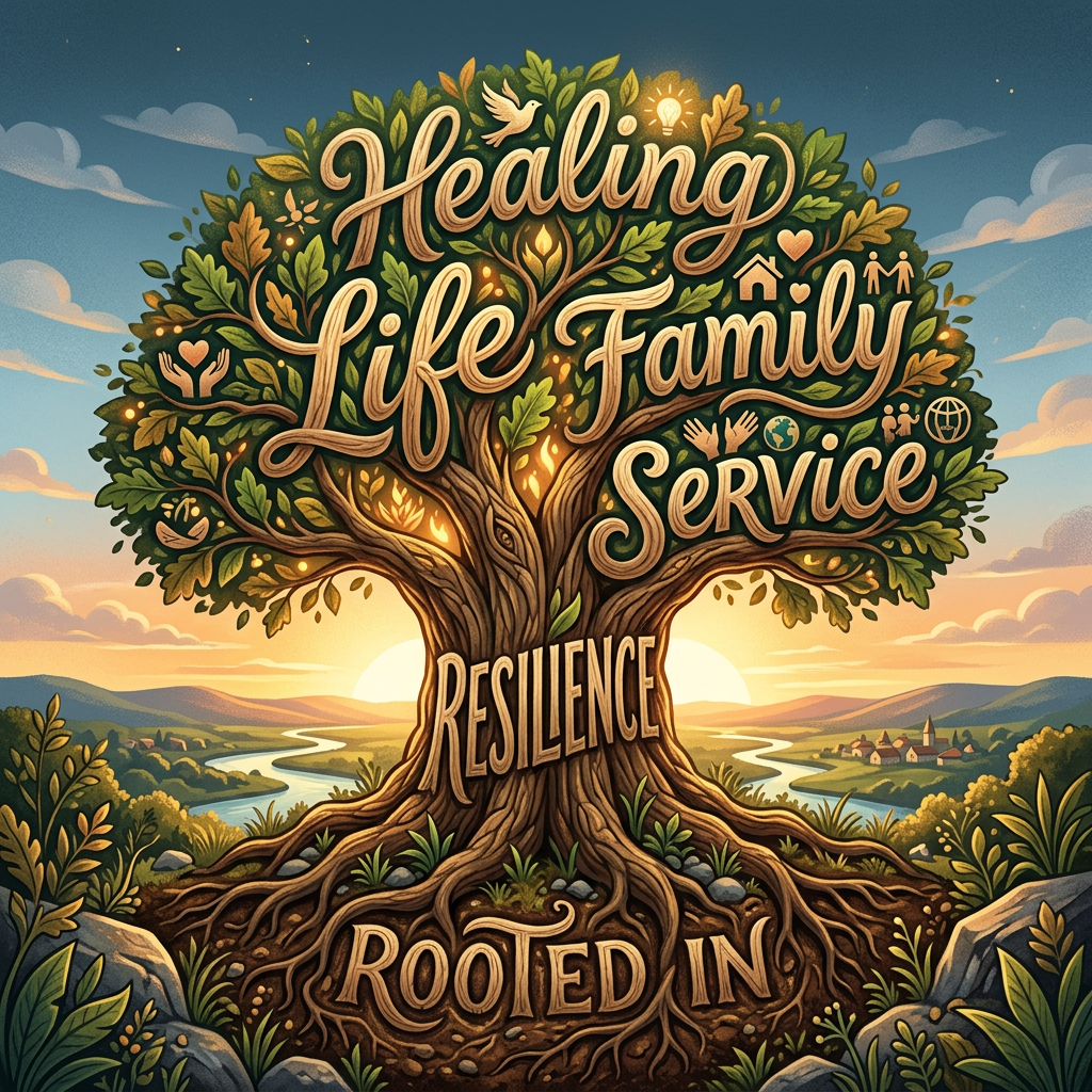 Tree with words healing, life, family, service, resilience, and rooted in